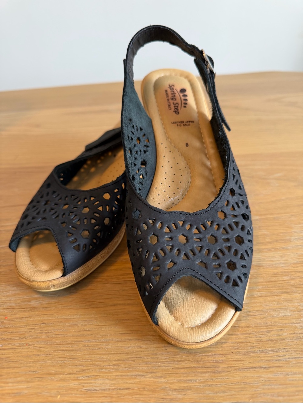 Spring Step Orella Black Leather Cutout Slingback Wedge Sandals Size 8